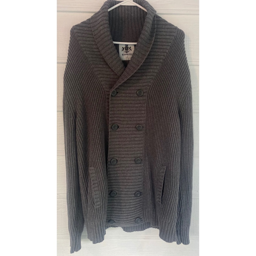 Express Cardigan Womens Large Grey Double Breasted Shawl Collar Ribbed Excellent